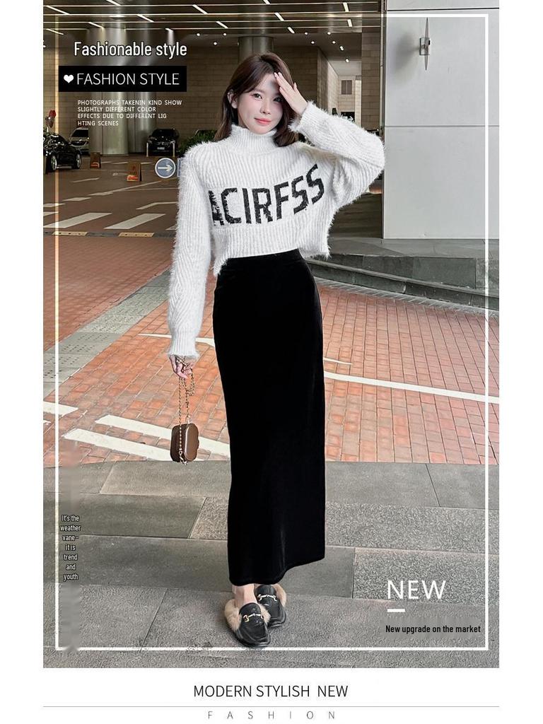 Golden Velvet High-Waist Slit Skirt: Retro Slimming Drape for Women, Spring-Autumn 2026
