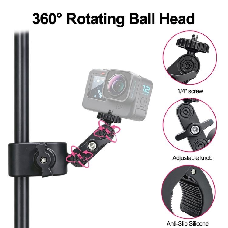 Round-Tube Camera Mounting Clamp with Locking Knobs and Side Threaded Mounts for Organized Accessory Attachment