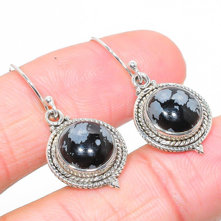 Pierre Gemme Obsidienne Flocon de Neige Naturelle Boucle d'Oreille en Argent Sterling Massif 925 1.25" K8i76
