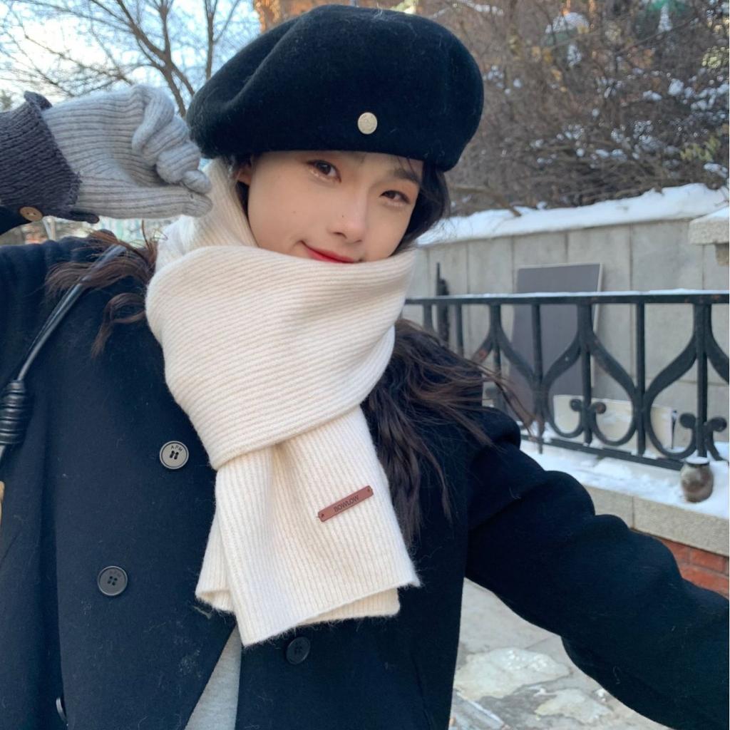 Ice Blue Knitted Soft Waxy Scarf Women's Winter Warm Thickened with Blended Solid Color Versatile Scarf, Long Style