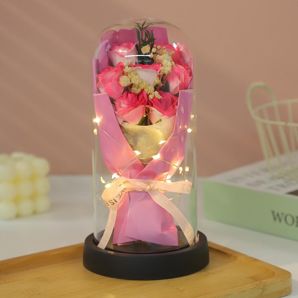 Glass cover exquisite ornament eternal dried flower rose soap bouquet Qixi Festival Valentine's Day birthday gift for boyfriend and girlfriend