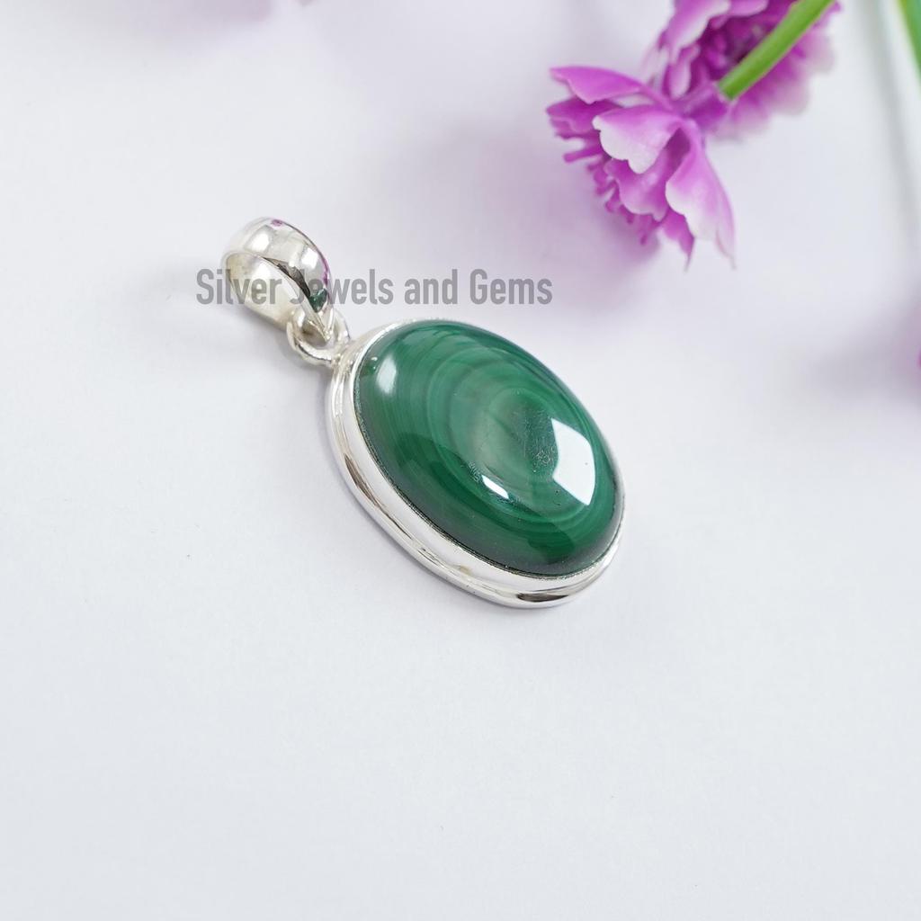 Handmade Oval Malachite 925 Sterling Silver Pendant, Scorpio Birthstone