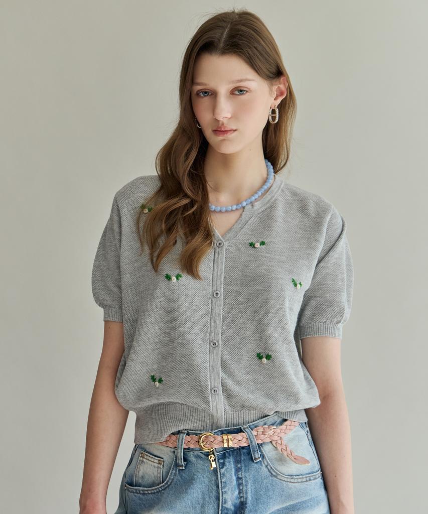 MAXZA Mini Flower Embroidered Button Short Sleeve Knit