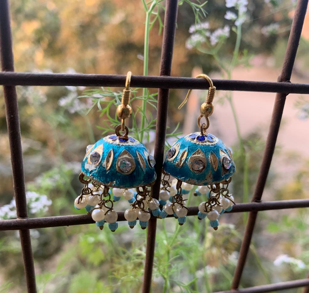 Handcrafted Blue Enamel Jhumka Earrings with Pearl Beads | Traditional Indian Lacquer Dangle Earrings