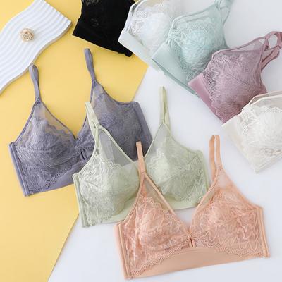 Women Korean Style Sweet Triangle Bralette Sexy French Style Elegant Fairy Style Sheer Lace Floral Spaghetti Straps Girls Wireless Bra Inner Wear