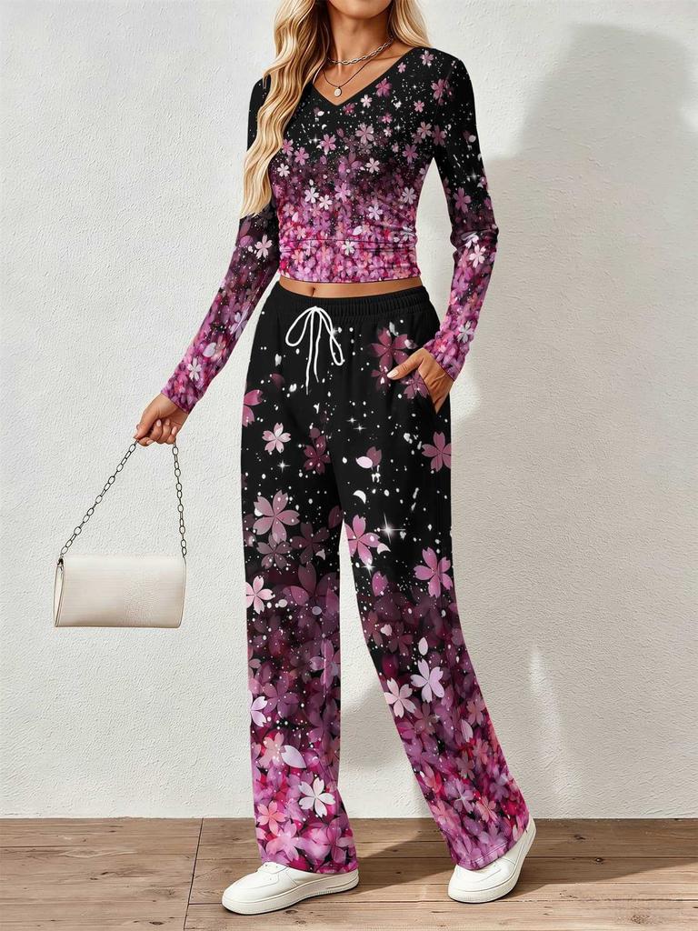Spring and Autumn Ladies V-Neck Long Sleeve Pants Set Comfortable Casual Versatile Slim Two-piece Set
