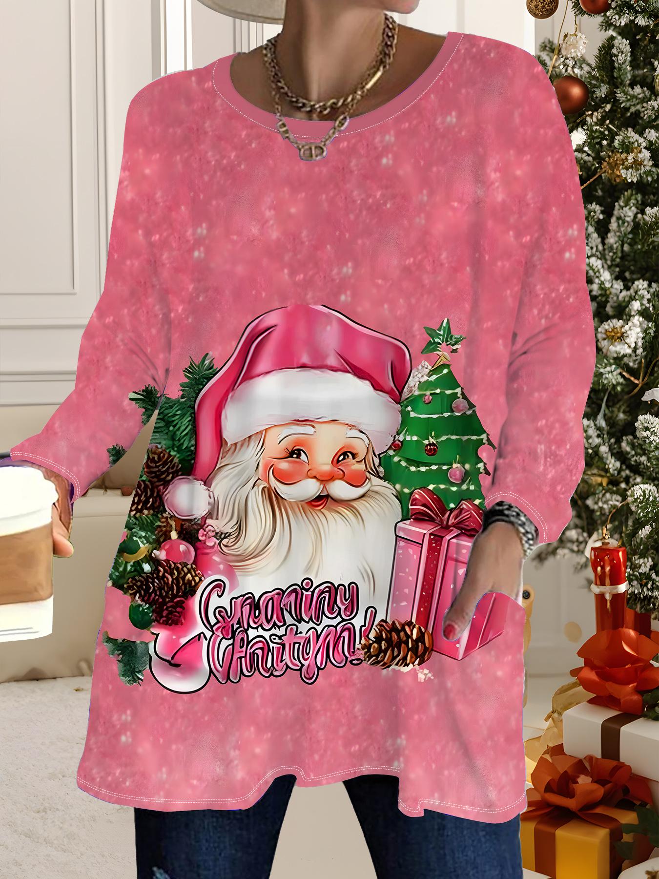 

Осень-Зима 2025 Новые Женские Топы Большого Размера, Модные Футболки с 3D-принтом на Рождество, с Круглым Вырезом и Длинным Рукавом 6XL розовый