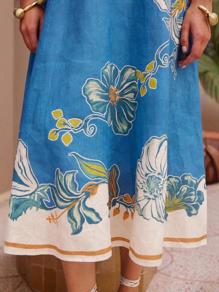 2025 Floral Linen Lantern Sleeve Dress with Round Neck and Waist-Cinching Design