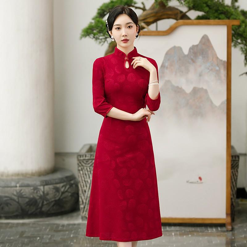 Elegant Red Cheongsam Dress Women Modern Chinese Style Long Sleeve Floral Jacquard Midi Medium