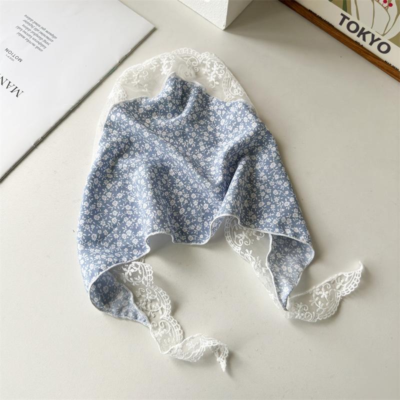 Spring Summer Floral Head Scarf with Decorative Lace Edge for Women Daily Wear Breathable Versatile Fashion Accessory