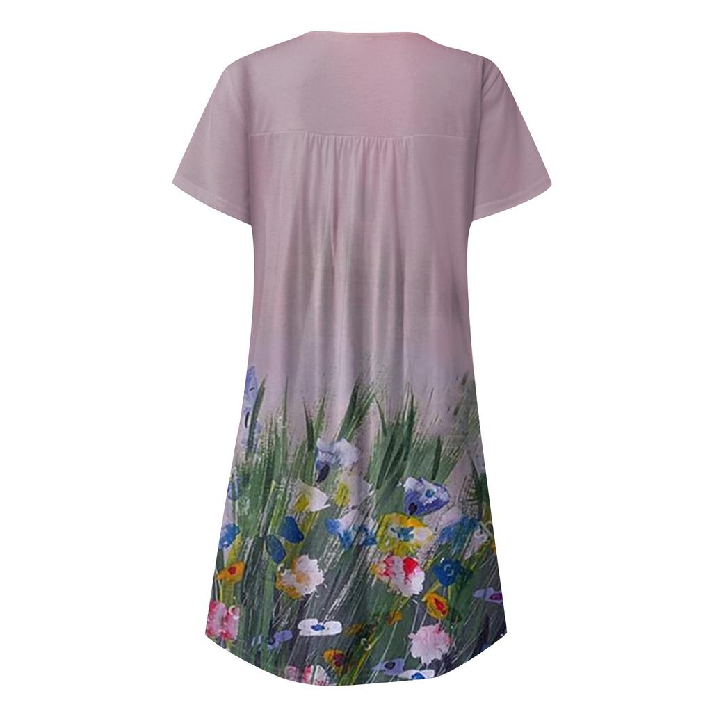 Ladies Casual Round Neck Button Ruched Trim Printed High Waist Loose Dress