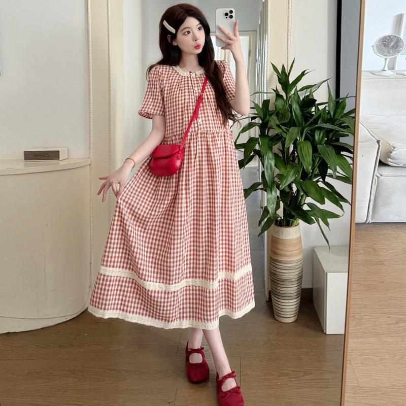 Summer 2025 Red Plaid Lace Maternity Dress - Stylish & Trendy M