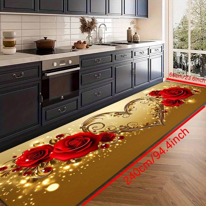 1Pcs Anti Fatigue Kitchen Rugs Golden Heart Shaped Rose Print Waterproof Non Slip Thick Cushioned Mat