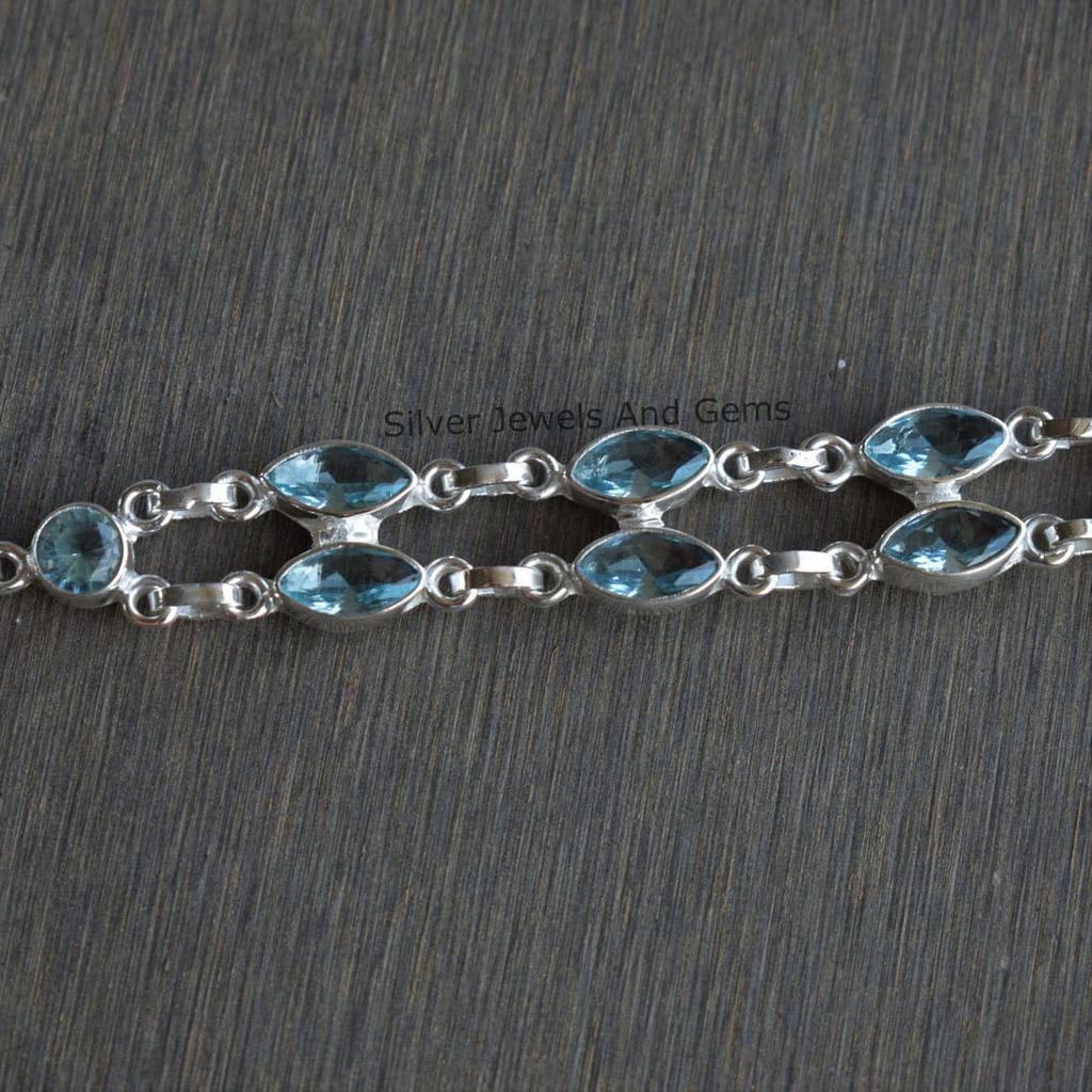 Blue Topaz Bracelet: Marquise 925 Sterling Silver Handmade Gemstone Bracelet