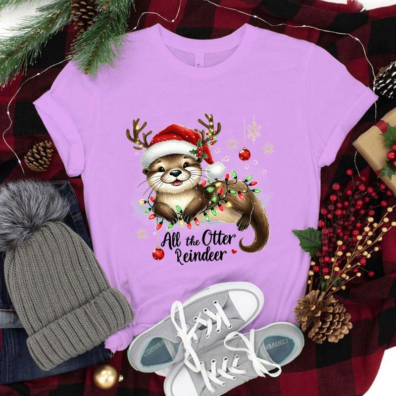 New Christmas All The Otter Reindeer T Shirt Women Casual Personality Round Neck Short Sleeve Fashion Christmas