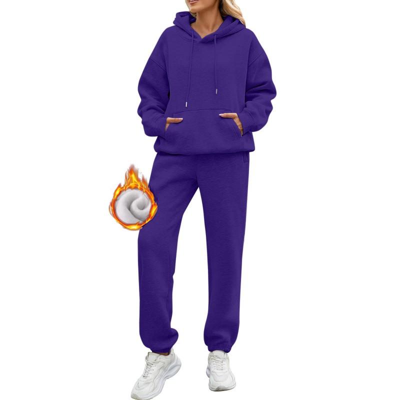 Womens Solid Color Hooded Long Sleeve Fleece Lined Sweatshirt Matching Pants Set Casual Streetwear Outfit