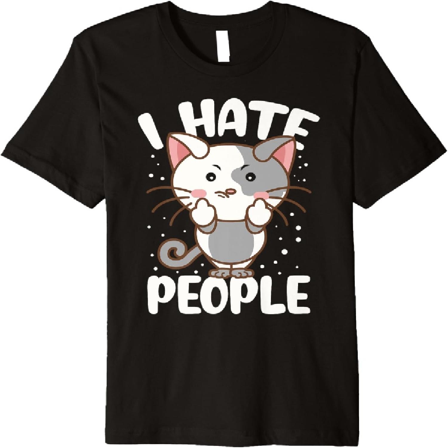 Я ненавижу людей Средний палец Забавная футболка для любителей кошек Премиум S