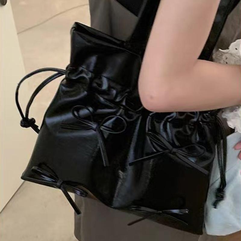 Korean Niche Designer Style Pleated Drawstring Bucket Bag Tote Bag Sweet Bowknot Handheld Underarm Shoulder Bag