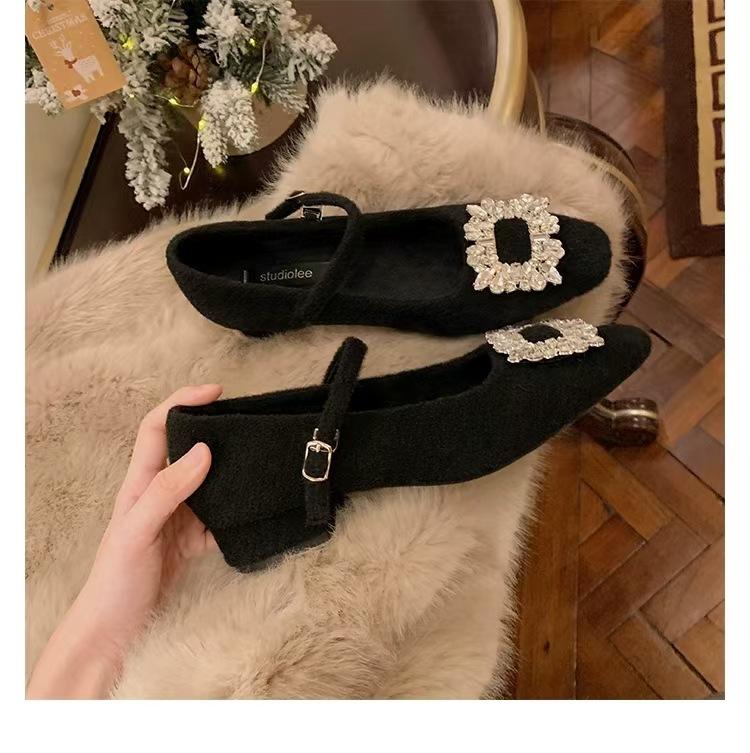 Cowhide Version~ Grape Mom Has the Same New Diamond Buckle with a Small Square Head with a Warm Thick Heel and Mary Jane Women's High-heeled Single