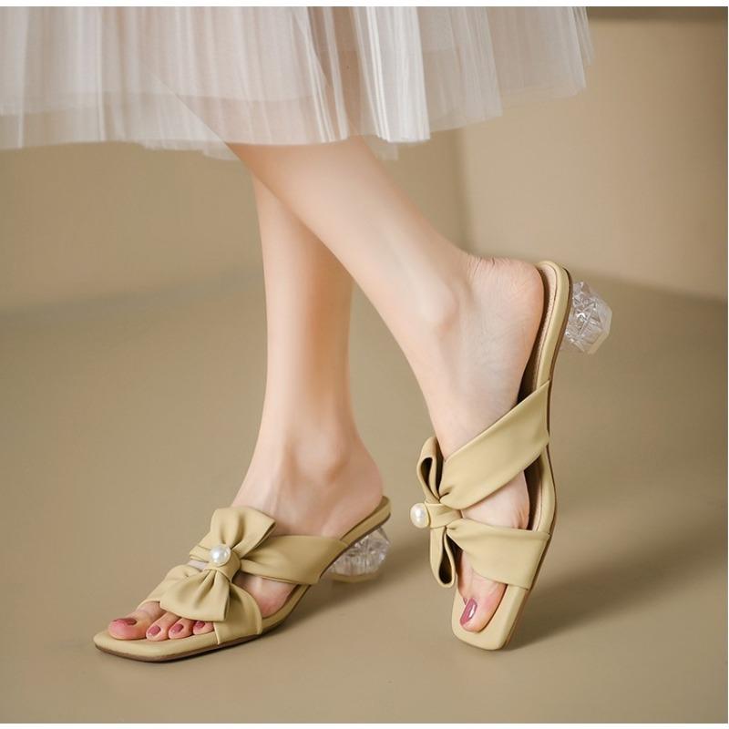 Square Toe Women Slippers Bow Heeled Sandals Loafers Shoes Woman 2026 Fashion Summer Shallow Dress Comfort Soft Leather Slides
