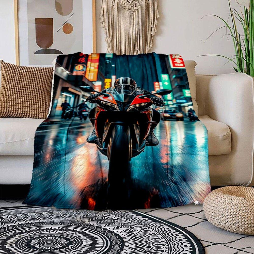 

Urban Night Rider: Neon Cityscape Motorcycle Art Print Blanket Flannel Throw Blanket for Sofa, Bed, Travel, Camping, Office, Couch, Chair, 150x180cm