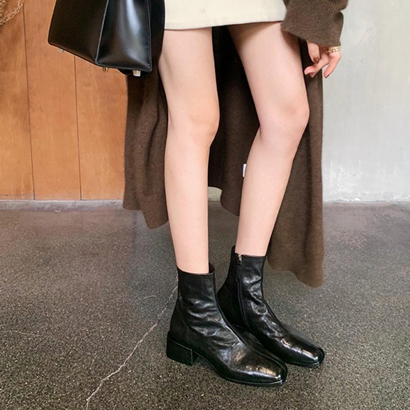 [Autumn and Winter Explosion] Korean Square Head Washed Horse Skin Thin Short Boots Thick Heel Side Zipper Thick Sole Small Ankle Boots Children
