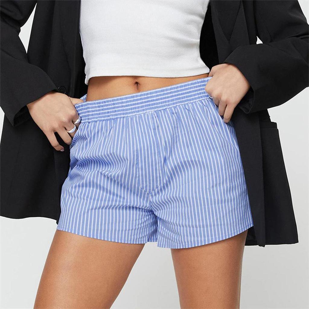 Fashion Pinstripe Patchwork Shorts Ladies Vintage Medium Stretch Shorts Women's Casual Pajama Pants