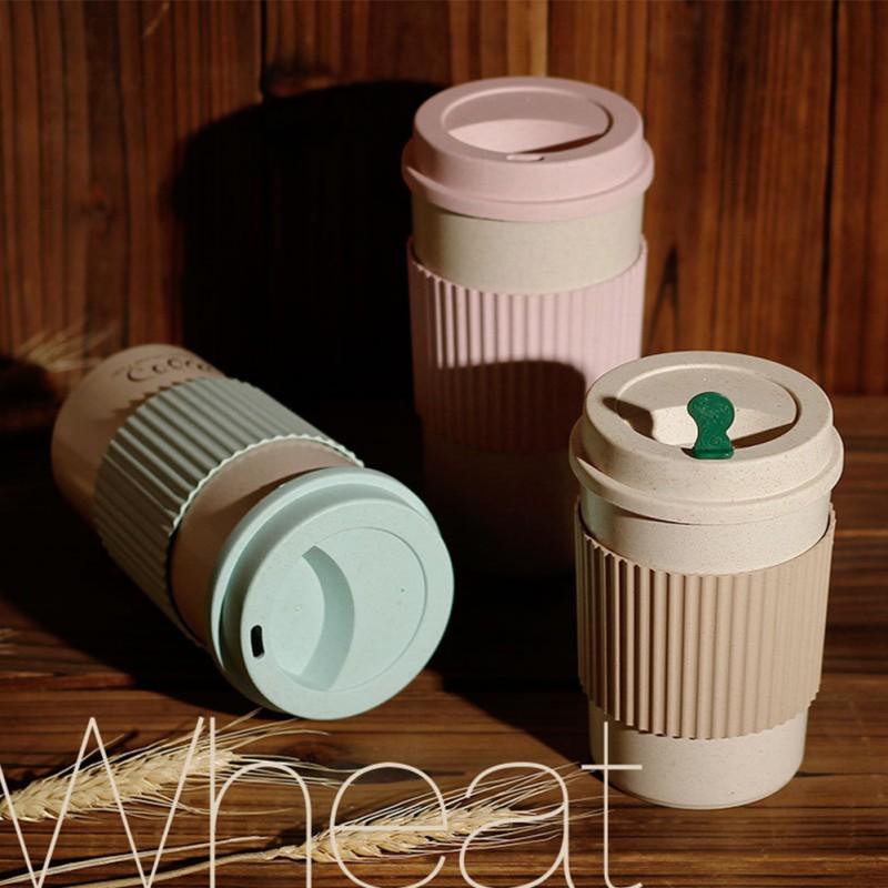 Coffee Cups With Lids Wheat Straw Reusable Portable Coffee Cup Dishwasher Safe Coffee Mug Coffee Tea Travel Cups