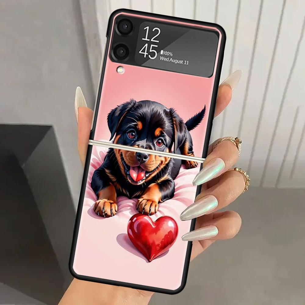 Lovely Puppy Heart Dogs Hard PC Phone Case For Samsung Galaxy Z Flip 7 6 5 4 3 Black ZFlip7 ZFlip6 Flip5 Flip4 Flip3 5G Print Co