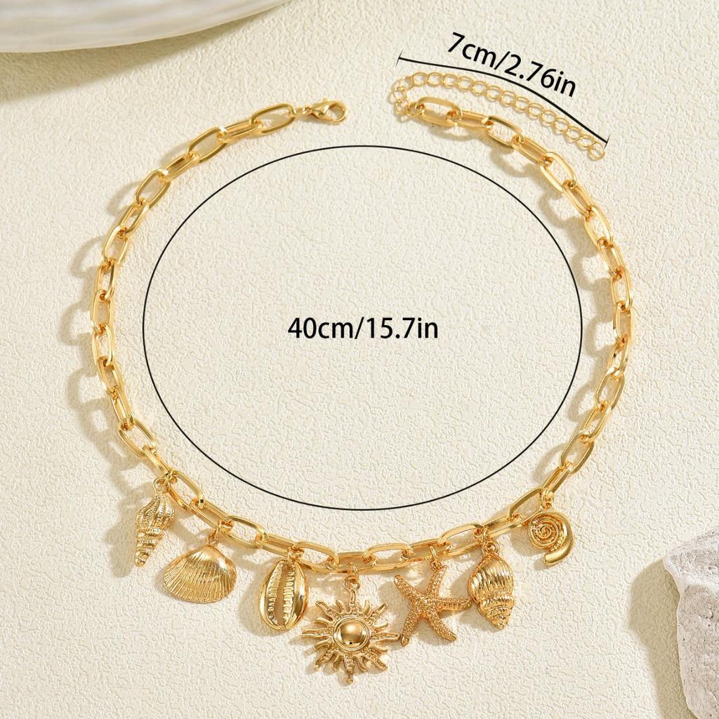 European and American Ocean Wind Necklace Female, Geometric Beach Vacation Shell Starfish Design Collarbone Chain Versatile Item Decoration