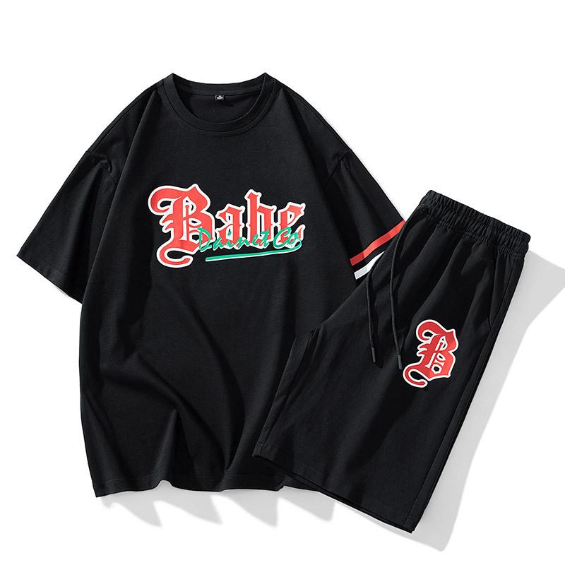 

Летний спортивный костюм с короткими рукавами, мужской костюм, корейский тонкий тренд, повседневный спортивный костюм из двух частей M чёрный