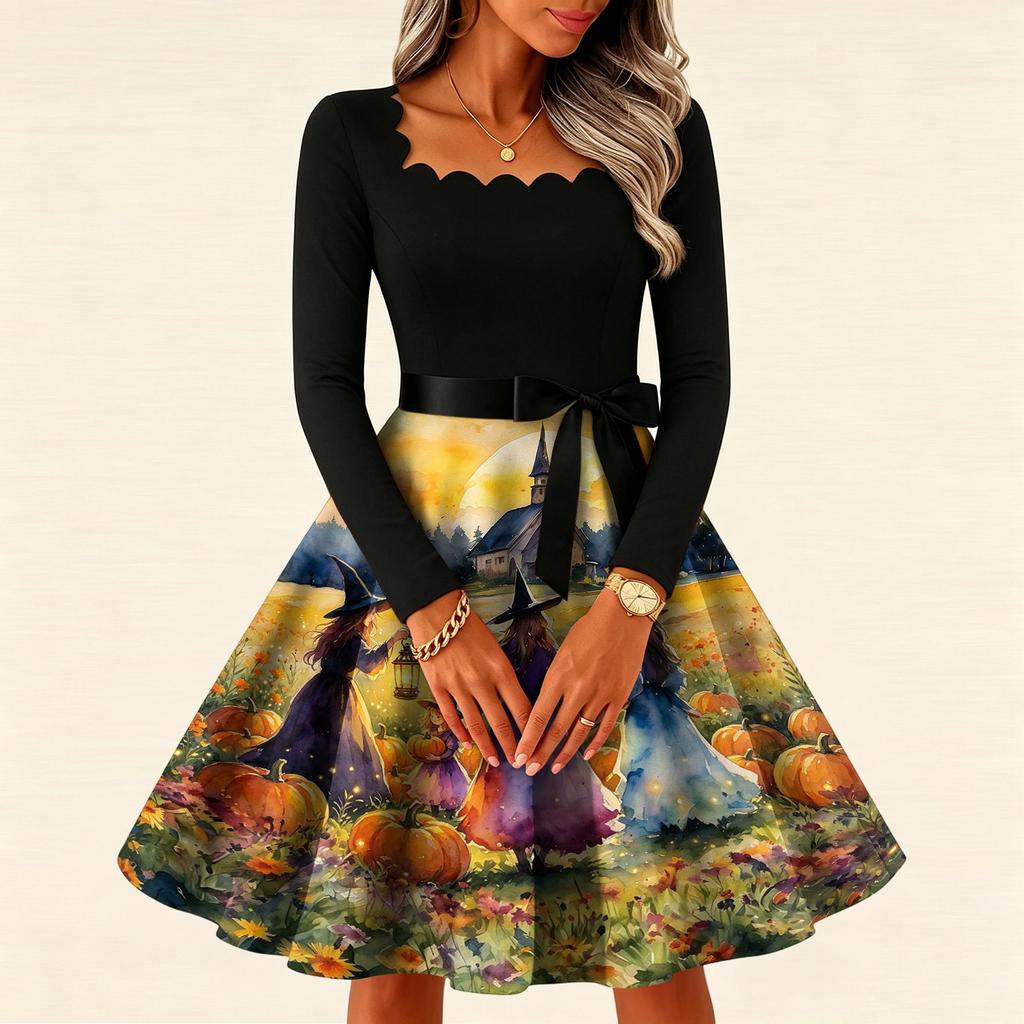 Women's Vintage Square Neck Long Sleeve Halloween Print Evening Dress