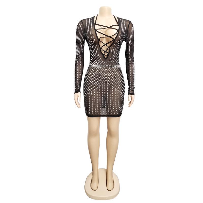 New 2020 European American Women's Sexy Mesh Strappy Dress with Hot Drilling for Nightclubs