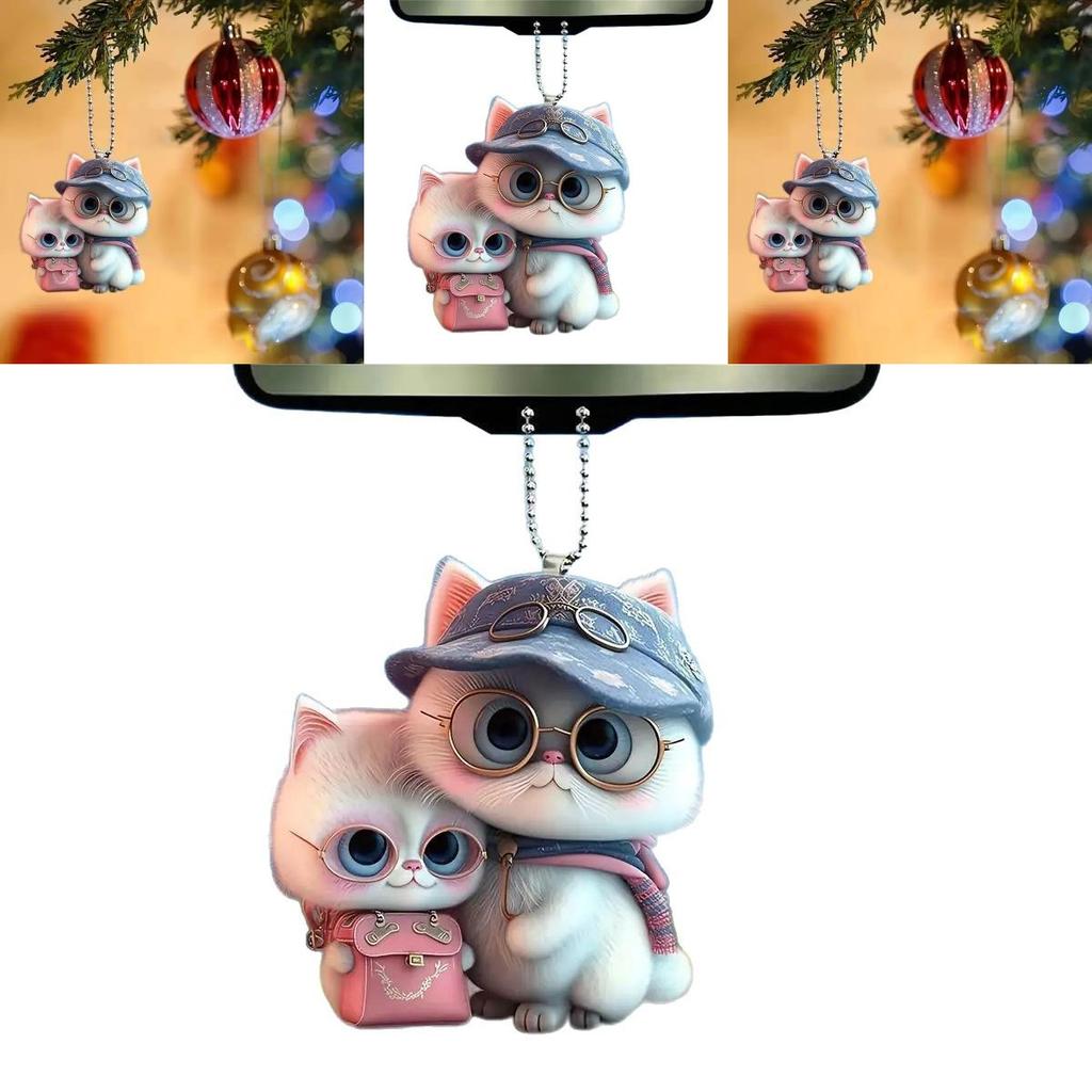 Acrylic Flat Surface Couple Cat Car Pendant With Hat Cute Decor For Auto Interior Enthusiasts