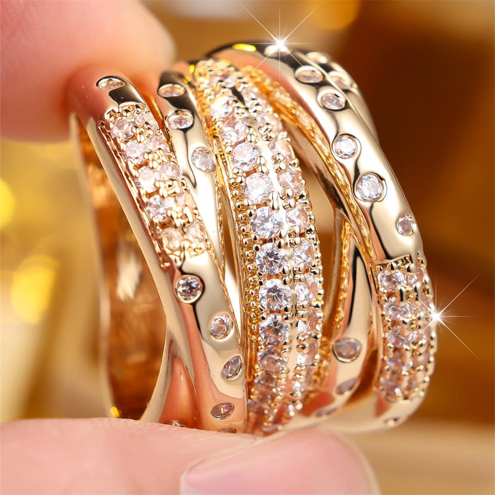 Multilayer Crystal White Zircon Small Round Stone Rings For Women Vintage Gold Color Engagement Bands Wedding Jewelry Accessory