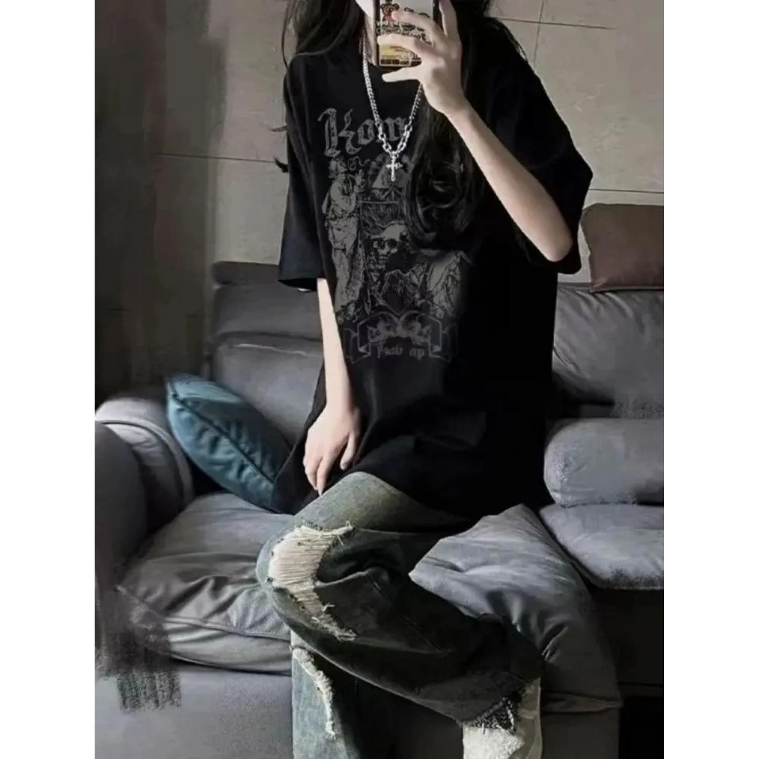 

New Summer Japanese Ins Dark Cartoon Angel Girl Print Loose Black Short-Sleeved Round Neck Cotton T-Shirt Female Oversized Tops S чёрный