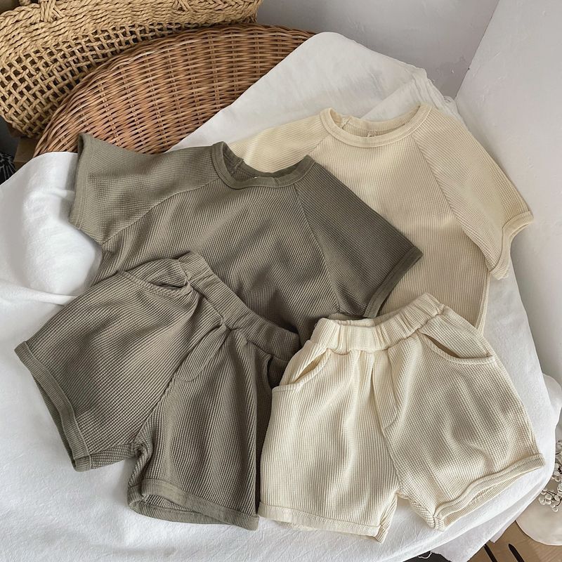 Boys' and Girls' Short Sleeve Set Waffle Baby Home and Outdoor Wear Simple and Trendy Two Piece Set