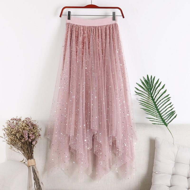 

Women Spring Fall High Waist All Match Irregular Star Sequins Mesh A Line Skirt one size