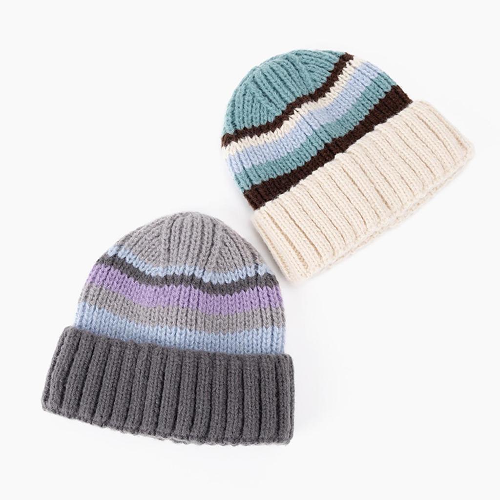 Fashion Color Blocked Knitted Wool Beanies for Women Stripe Ear Protection Skullcaps Autumn Winter Cold-proof Pullover H