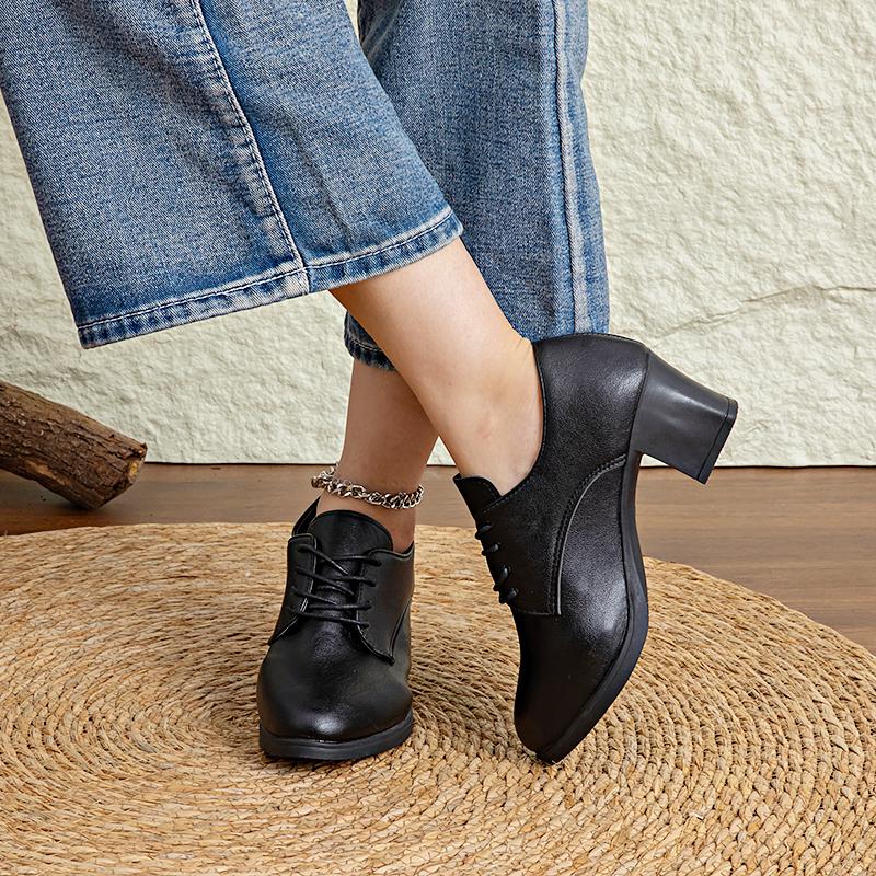 New Women'S Deep-Mouth Slip-Ons, Summer Soft Leather, Lace-Up Chunky Heel Casual Commuting Shoes