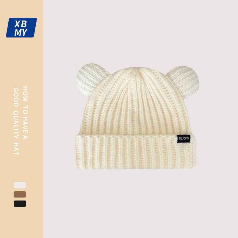 Bear Ear Hat Female Winter Cute Big Head Circumference Knitted Wool Hat Thickened Warm Ear Protector Head Cold Hat