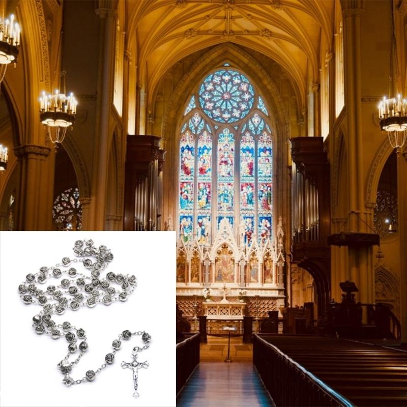 Catholic Rose Rosary Necklace Cross Pendant Beaded Necklaces Religious Jewelry