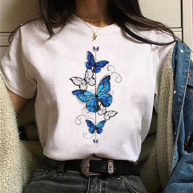 Women Tshirt Watercolor Butterfly Print Tshirt Summer Female Tops Casual Short Sleeve T-Shirts Harajuku Graphic Tee Cute T-Shirt