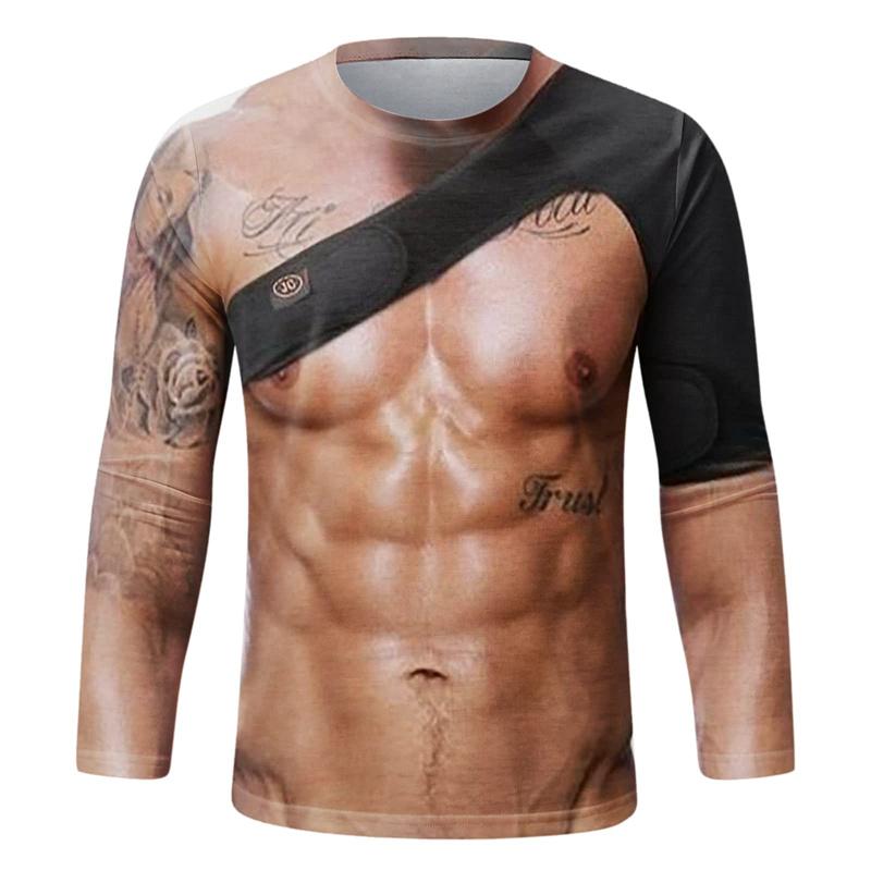 Spring and Autumn Round Neck Funny Fake Muscle Graphic 3D Printed Top Fashionable Casual Running Long Sleeved Men's T-shirts