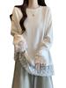 Women's Plus Size Lace Patchwork Long-Sleeve White T-Shirt - Loose Fit Autumn/Winter Base Layer Top