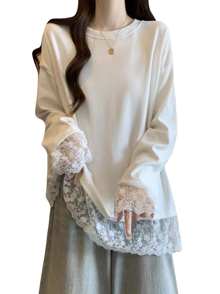 Women's Plus Size Lace Patchwork Long-Sleeve White T-Shirt - Loose Fit Autumn/Winter Base Layer Top