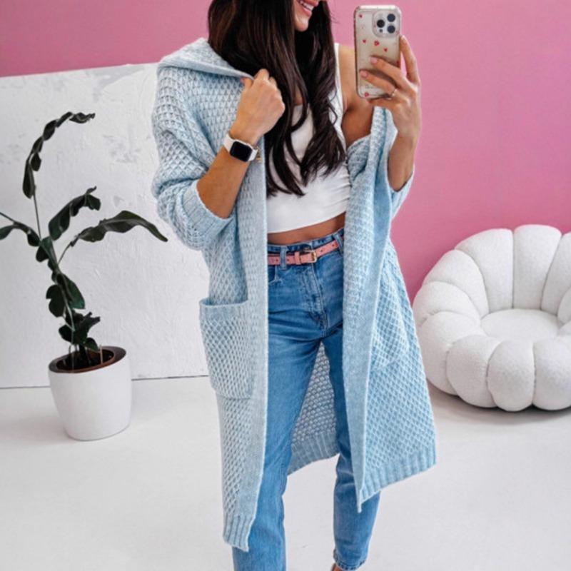 

Женский свитер на осень и зиму, однотонный, новый, свободный, с капюшоном, длинный, с карманами, вязаный кардиган с карманами, куртка S синий