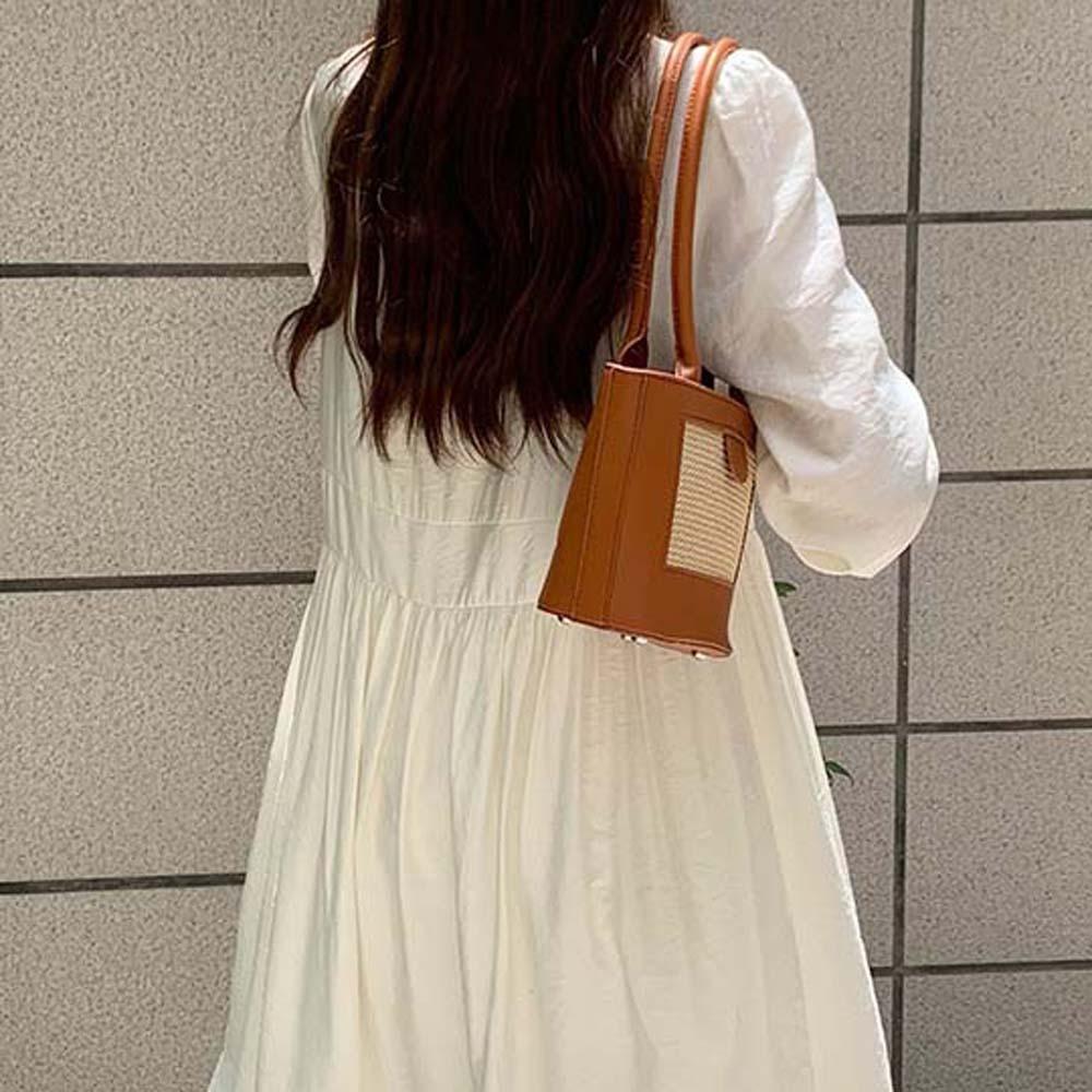 

Anti-Splash Water Women Bucket Handbag Retro Straw Shoulder Bag Black PU Woven Bucket Bag Summer коричневий