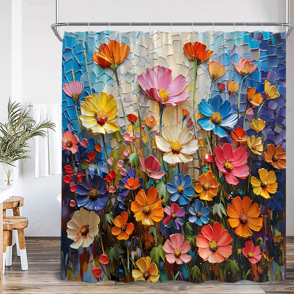 Monika Chen Floral Shower Curtain Colorful Flower Daisy Dandelion Poppy Flower Leaf Herb Plant Bathroom Decor Oil Painting Bathtub Curtain