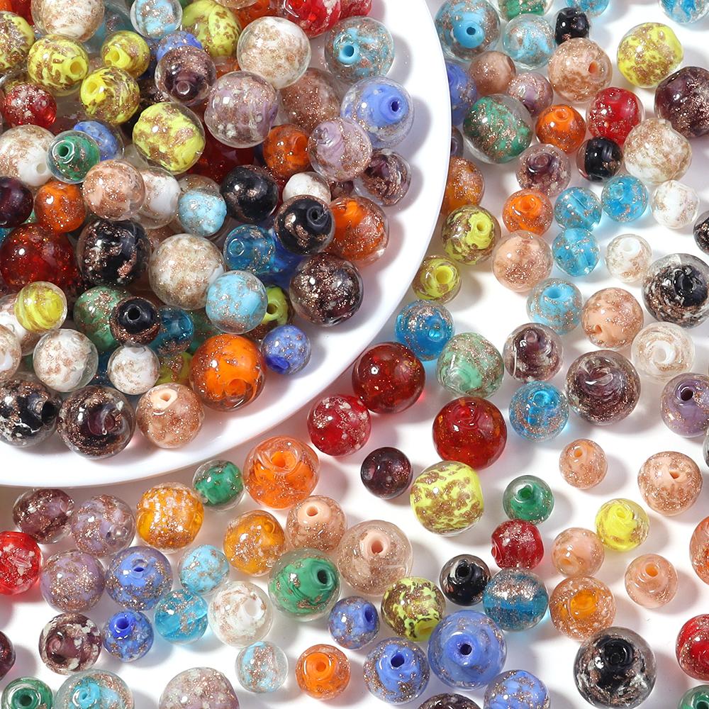 10pcs 8/10/12mm Lampwork Beads Colorful Golden Sand Glass Round Loose Beads For Jewelry Making DIY Bracelet Earrings Accessories
